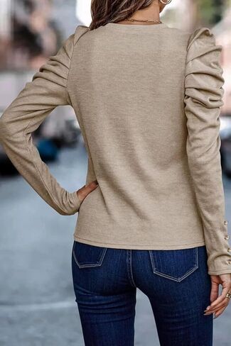 المرأة 2023 بلون البلوز القمم عادية Crewneck كم طويل نفخة الأكمام البلوزات الصلبة تونك قمصان أنيقة in Saudi Arabia