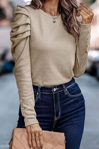 المرأة 2023 بلون البلوز القمم عادية Crewneck كم طويل نفخة الأكمام البلوزات الصلبة تونك قمصان أنيقة in Saudi Arabia