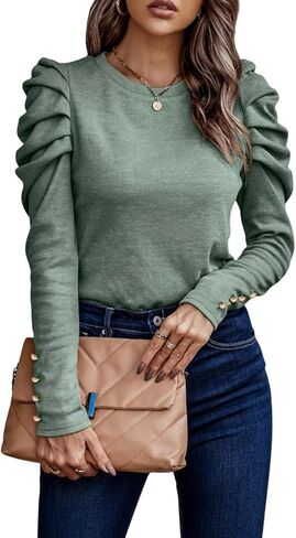 المرأة 2023 بلون البلوز القمم عادية Crewneck كم طويل نفخة الأكمام البلوزات الصلبة تونك قمصان أنيقة in Saudi Arabia