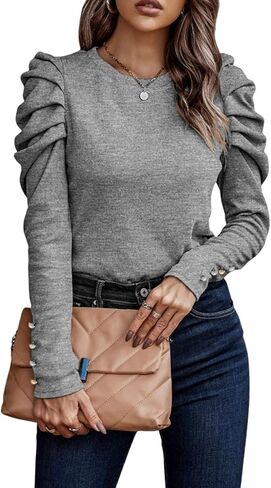 المرأة 2023 بلون البلوز القمم عادية Crewneck كم طويل نفخة الأكمام البلوزات الصلبة تونك قمصان أنيقة in Saudi Arabia