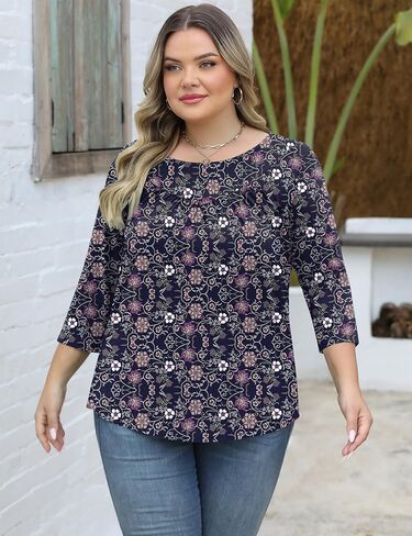 Womens 3/4 Length Sleeve Plus Size Tops Crew Neck Floral Blouses Casual Loose Tunic T-Shirts 1X-5X in Saudi Arabia