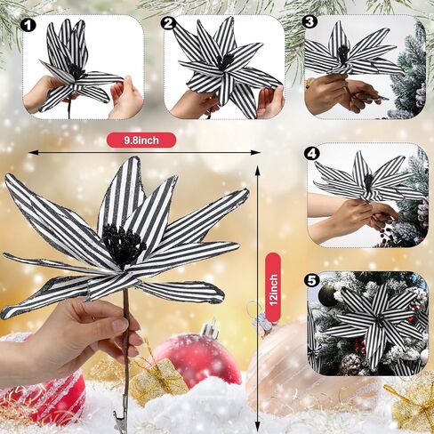 Thiccywoov 6 Pcs 12 Inch Black and White Stripes Christmas Poinsettia Flowers with Stems Large Artificial Stripe Poinsettia Christmas Tree Flower Ornaments for Halloween Holiday Wreath Garland Decor in Saudi Arabia