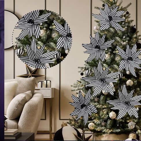 Thiccywoov 6 Pcs 12 Inch Black and White Stripes Christmas Poinsettia Flowers with Stems Large Artificial Stripe Poinsettia Christmas Tree Flower Ornaments for Halloween Holiday Wreath Garland Decor in Saudi Arabia