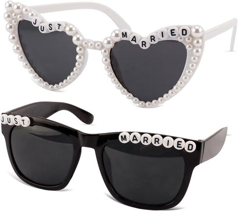 Srotmirw Just Married ديكورات 2 حزمة نظارات شمسية للعروس والعريس باللونين الأبيض والأسود لتزيين حفلات الزفاف المتزوجين فقط وإكسسوارات شهر العسل باللونين الأبيض والأسود in Kuwait