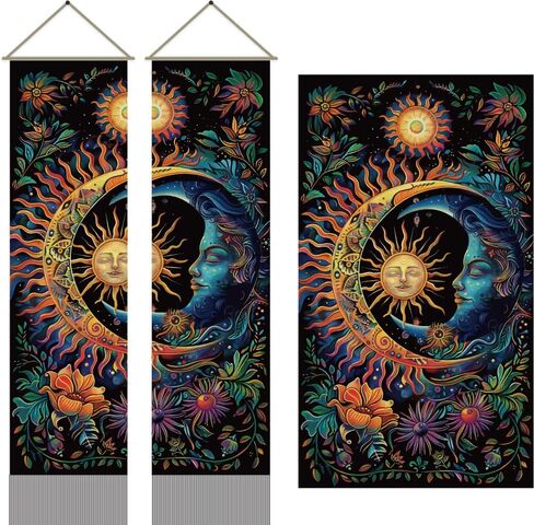 AHANDMAKER 2pcs Sun & Moon Tapestry, Psychedelic Mystic Floral Long Vertical Wall Hanging, Vintage Plant Tassel Wall Art for Bedroom & Living Room, 45.7x13Inch in Saudi Arabia