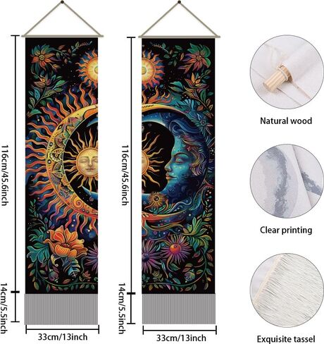 AHANDMAKER 2pcs Sun & Moon Tapestry, Psychedelic Mystic Floral Long Vertical Wall Hanging, Vintage Plant Tassel Wall Art for Bedroom & Living Room, 45.7x13Inch in Saudi Arabia