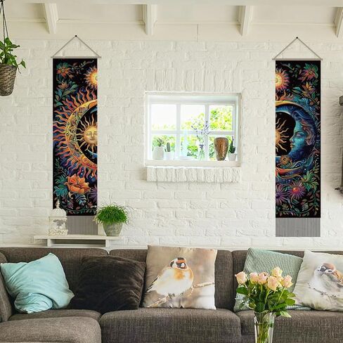 AHANDMAKER 2pcs Sun & Moon Tapestry, Psychedelic Mystic Floral Long Vertical Wall Hanging, Vintage Plant Tassel Wall Art for Bedroom & Living Room, 45.7x13Inch in Saudi Arabia
