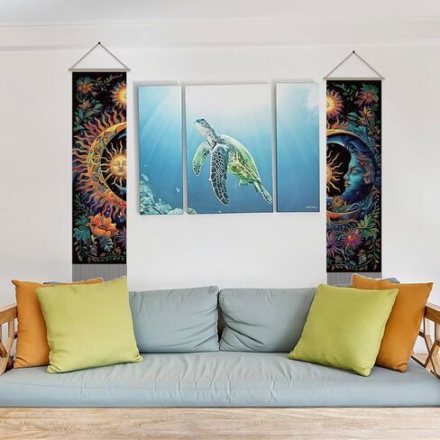 AHANDMAKER 2pcs Sun & Moon Tapestry, Psychedelic Mystic Floral Long Vertical Wall Hanging, Vintage Plant Tassel Wall Art for Bedroom & Living Room, 45.7x13Inch in Saudi Arabia