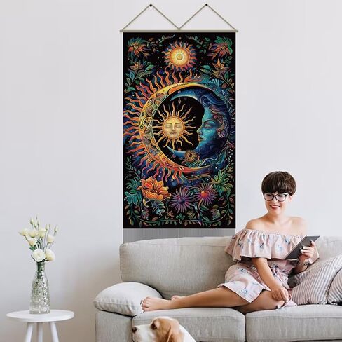 AHANDMAKER 2pcs Sun & Moon Tapestry, Psychedelic Mystic Floral Long Vertical Wall Hanging, Vintage Plant Tassel Wall Art for Bedroom & Living Room, 45.7x13Inch in Saudi Arabia