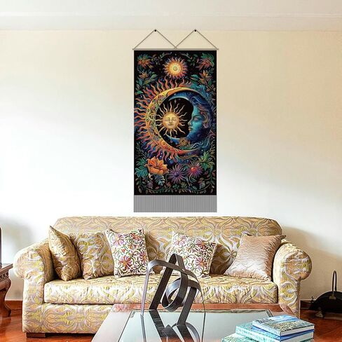 AHANDMAKER 2pcs Sun & Moon Tapestry, Psychedelic Mystic Floral Long Vertical Wall Hanging, Vintage Plant Tassel Wall Art for Bedroom & Living Room, 45.7x13Inch in Saudi Arabia