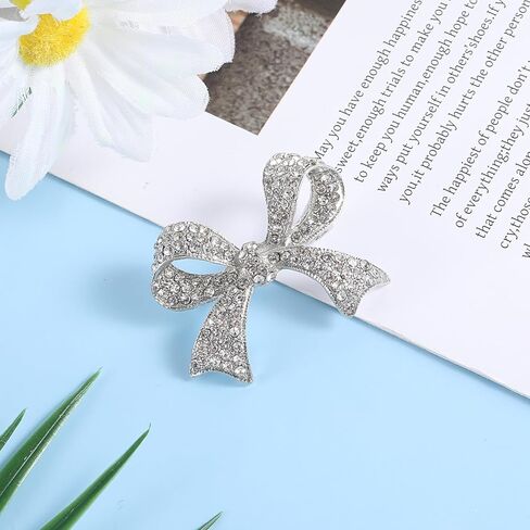 Thinp Rhinestone Bow Brooch Pin, Sparkling Silver Crystal Bow Brooch for Women Elegant Bowknot Vintage Brooches for Lapel Dress Suit Shirt Clothes Decoration Accessories (Silver) in Saudi Arabia