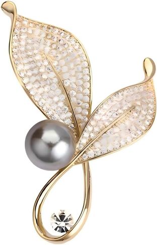 Elegant Crystal Leaf Brooch Pin with Grey Pearl, Gold-Plated Alloy with Rhinestones, 3.5cm Decorative Fashion Accessory in Saudi Arabia