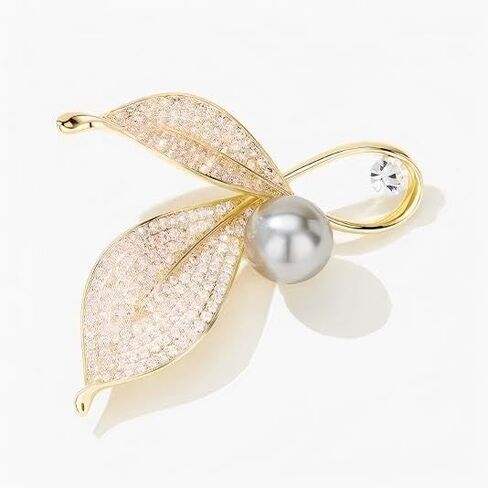 Elegant Crystal Leaf Brooch Pin with Grey Pearl, Gold-Plated Alloy with Rhinestones, 3.5cm Decorative Fashion Accessory in Saudi Arabia