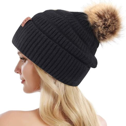 Winter Knit Beanie Hat Thick Fleece Lined Pom Warm Slouchy Cap for Women in Saudi Arabia