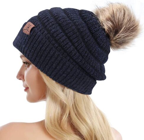 Winter Knit Beanie Hat Thick Fleece Lined Pom Warm Slouchy Cap for Women in Saudi Arabia