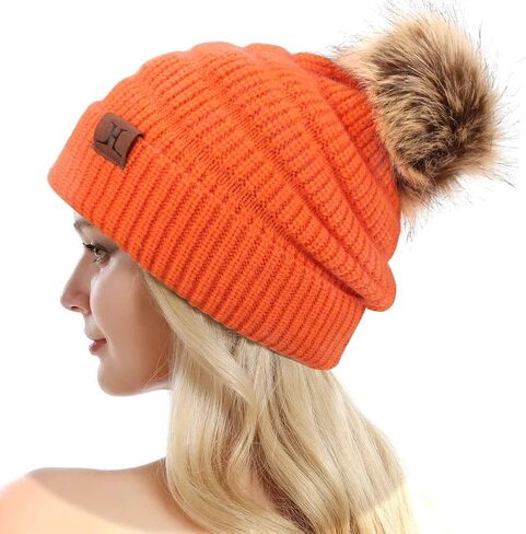 Winter Knit Beanie Hat Thick Fleece Lined Pom Warm Slouchy Cap for Women in Saudi Arabia