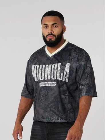 Mesh Camo V-Neck T-Shirt, Short Sleeve Streetwear Top, Casual Loose Fit Jersey for Men in Saudi Arabia