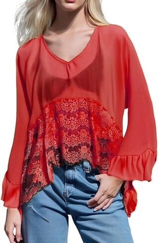 Women Lace Tie Front Top Ruffle Trim Long Sleeve Chiffon Cardigan Boho Flowy Coquette Peplum Shirt Going Out Top in Kuwait