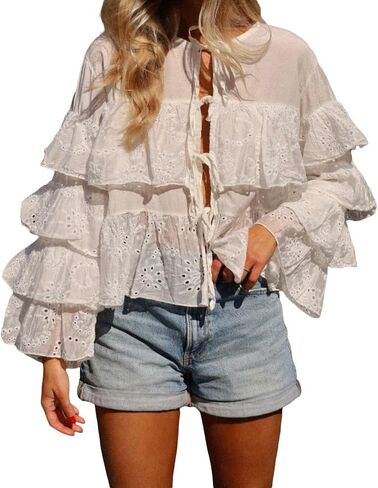 Women Lace Tie Front Top Ruffle Trim Long Sleeve Chiffon Cardigan Boho Flowy Coquette Peplum Shirt Going Out Top in Kuwait