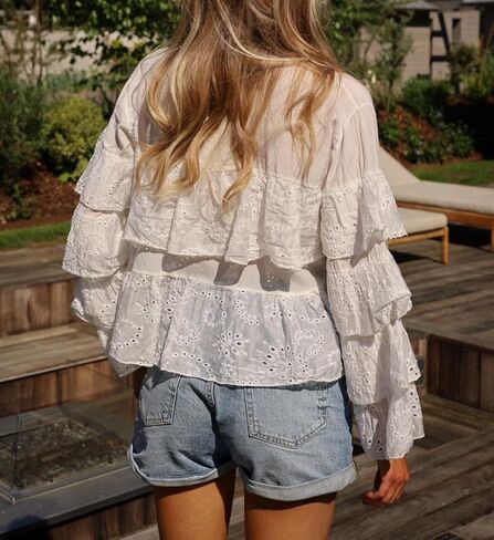 Women Lace Tie Front Top Ruffle Trim Long Sleeve Chiffon Cardigan Boho Flowy Coquette Peplum Shirt Going Out Top in Kuwait