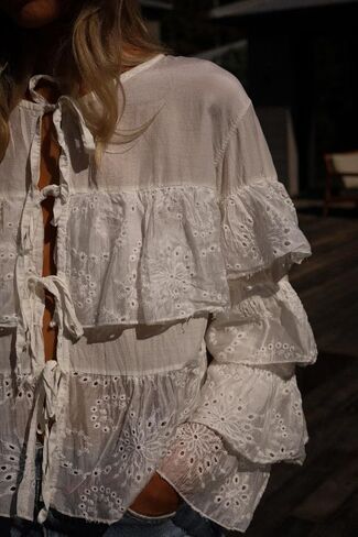 Women Lace Tie Front Top Ruffle Trim Long Sleeve Chiffon Cardigan Boho Flowy Coquette Peplum Shirt Going Out Top in Kuwait