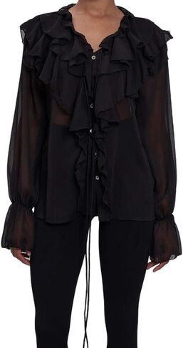 Women Lace Tie Front Top Ruffle Trim Long Sleeve Chiffon Cardigan Boho Flowy Coquette Peplum Shirt Going Out Top in Kuwait