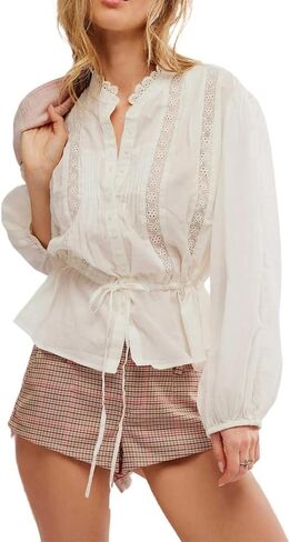 Women Lace Tie Front Top Ruffle Trim Long Sleeve Chiffon Cardigan Boho Flowy Coquette Peplum Shirt Going Out Top in Kuwait