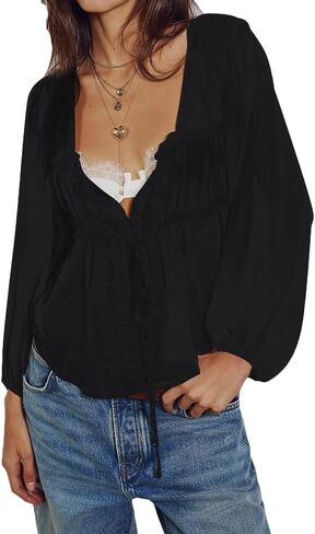 Women Lace Tie Front Top Ruffle Trim Long Sleeve Chiffon Cardigan Boho Flowy Coquette Peplum Shirt Going Out Top in Kuwait