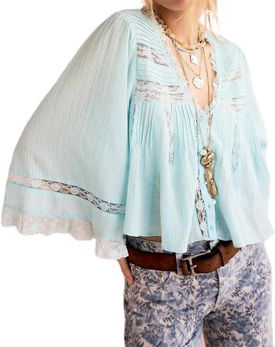 Women Lace Tie Front Top Ruffle Trim Long Sleeve Chiffon Cardigan Boho Flowy Coquette Peplum Shirt Going Out Top in Kuwait