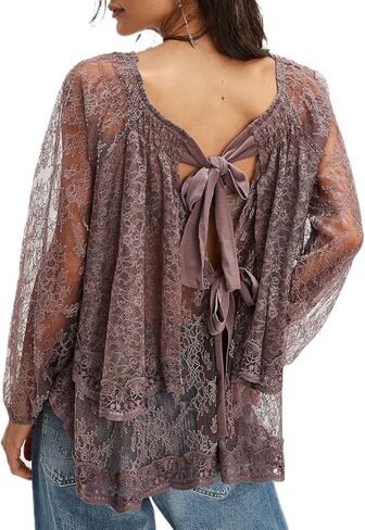 Women Lace Tie Front Top Ruffle Trim Long Sleeve Chiffon Cardigan Boho Flowy Coquette Peplum Shirt Going Out Top in Kuwait