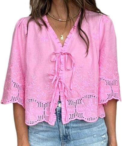 Women Lace Tie Front Top Ruffle Trim Long Sleeve Chiffon Cardigan Boho Flowy Coquette Peplum Shirt Going Out Top in Kuwait