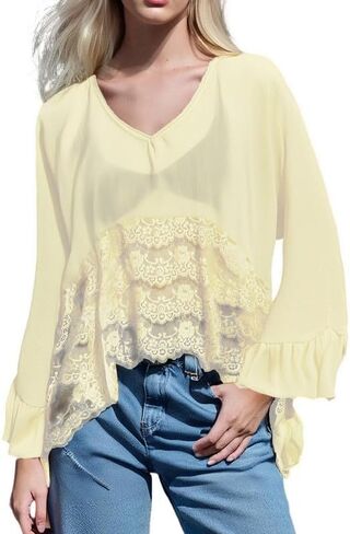 Women Lace Tie Front Top Ruffle Trim Long Sleeve Chiffon Cardigan Boho Flowy Coquette Peplum Shirt Going Out Top in Kuwait