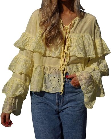 Women Lace Tie Front Top Ruffle Trim Long Sleeve Chiffon Cardigan Boho Flowy Coquette Peplum Shirt Going Out Top in Kuwait