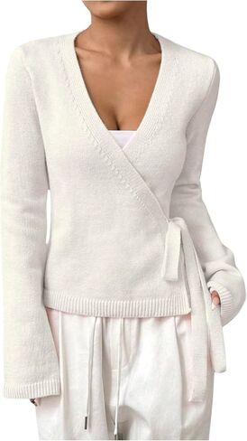 SweatyRocks Women's V Neck Cropped Cardigan Knot Tie Wrap Soft Knit Sweater Top in Saudi Arabia