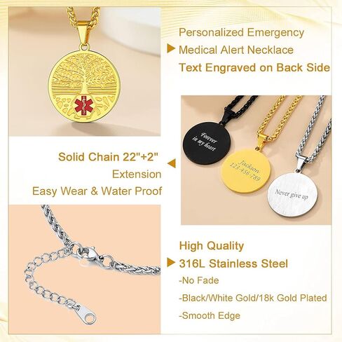 Custom4U Medical Alert Necklace for Women Men Personalized Stainless steel Medical ID Tag Tag with Name Engraved in Saudi Arabia