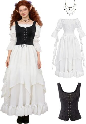 kasahara Women’s Renaissance Costume Set Medieval White Dress Lace-Up Vest & Vintage Necklace for Medieval Events in Saudi Arabia