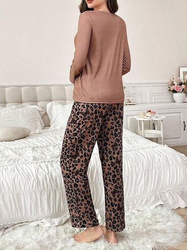 Women's Leopard & Butterfly Print Pajama Set Light Brown Long Sleeve Top + Drawstring Pants Valentine's Day Gift Loungewear in Saudi Arabia