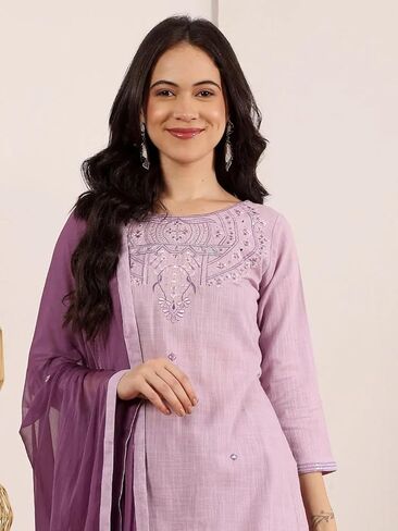 ألوان الموضة النسائية القطنية المطبوعة 3/4 كم برقبة على شكل حرف V مطرزة كورتا مستقيمة مع مجموعة بالازو والدوباتا in Saudi Arabia