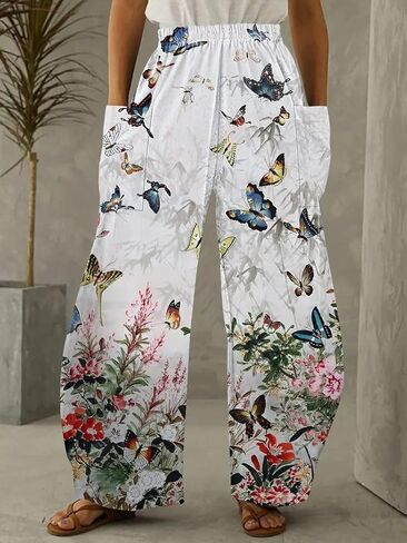 Butterfly Plant Printed Wide Leg Pants Women's Comfort Casual Trousers Bohemian Style Vacation Home Long Pants in Saudi Arabia