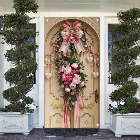 Tomhong Valentine Door إكليل مقاس 71 × 35 بوصة وردي وردي شريط من الدانتيل تصميم قلب أنيق لتزيين الباب الأمامي لذكرى الزفاف والمنزل الداخلي والخارجي in Kuwait