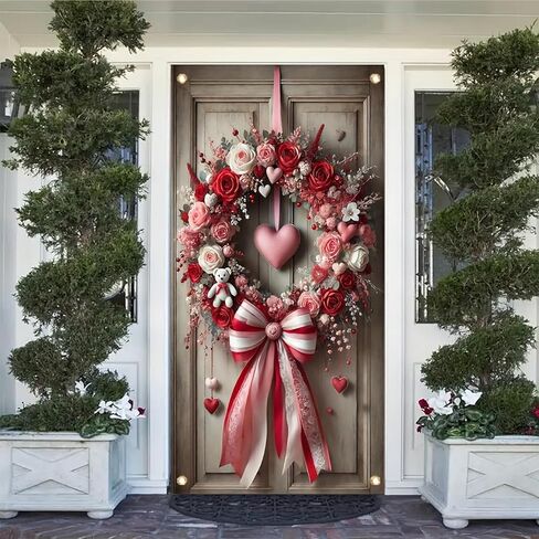 Tomhong Valentine Door إكليل مقاس 71 × 35 بوصة وردي وردي شريط من الدانتيل تصميم قلب أنيق لتزيين الباب الأمامي لذكرى الزفاف والمنزل الداخلي والخارجي in Kuwait