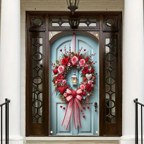 Tomhong Valentine Door إكليل مقاس 71 × 35 بوصة وردي وردي شريط من الدانتيل تصميم قلب أنيق لتزيين الباب الأمامي لذكرى الزفاف والمنزل الداخلي والخارجي in Kuwait