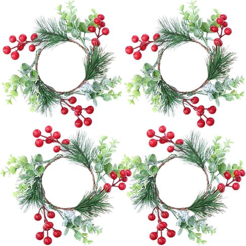 FAZHBARY 4 PCS Small Red Berry Wreath Artificial Berries Pine Needles Candle Ring Garland with Snowy Eucalyptus Stem for Christmas Ornaments Decor in Saudi Arabia