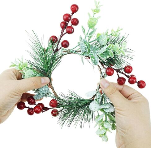 FAZHBARY 4 PCS Small Red Berry Wreath Artificial Berries Pine Needles Candle Ring Garland with Snowy Eucalyptus Stem for Christmas Ornaments Decor in Saudi Arabia