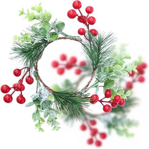 FAZHBARY 4 PCS Small Red Berry Wreath Artificial Berries Pine Needles Candle Ring Garland with Snowy Eucalyptus Stem for Christmas Ornaments Decor in Saudi Arabia