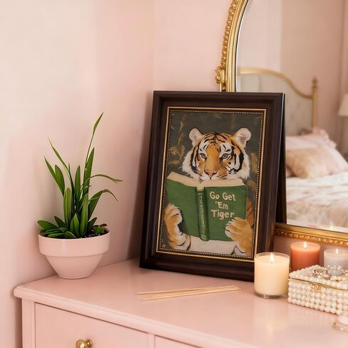 Vintage Framed Wall Art Motivational Tiger Go Get’Em Tiger Animal Reading Painting Picture Wall Decor Humorous Bookworm Poster Print Artwork for Library Office Or Study Home Decoration in Saudi Arabia