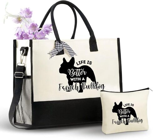 InnoBeta French Bulldog Gifts حقيبة قماش للنساء، حقيبة أشياء مهمة لمحبي البلدغ الفرنسي لأعياد الميلاد وعيد الشكر والكريسماس - الحياة in Saudi Arabia