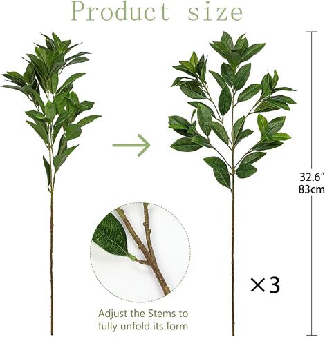 Arborus 33 بوصة من أوراق ماغنوليا الصناعية سيقان خضراء لترتيبات الزهور، 3 قطع من فروع الأوراق الاصطناعية لقطع مركزية لطاولات الزفاف، نباتات خضراء وهمية لديكور المنزل والمكتب in Kuwait