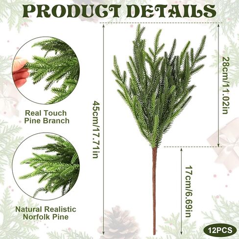 Wsorik 12Pcs Realistic Norfolk Pine Branches -18Inch Artificial Real Touch Christmas Pine Stems Picks Greenery Fake Cedar Pine Branch for Vase DIY Crafts, Xmas Indoor Outdoor Home Decor in Saudi Arabia