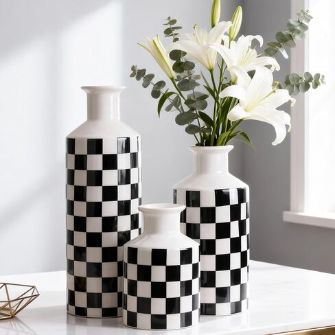 Black and White Ceramic Vase Set 3,Mid Century Modern Checkered Small Vases for Flower&Pampas Grass Centerpiece,Checkered Porcelain Vase for Dining Table Kitchen Tabletop Minimalist Decorative (Black) in Saudi Arabia